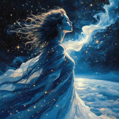 The primary subject of the image is a woman with long hair, who appears to be a celestial being. She is surrounded by a blue and white color scheme, which adds to the overall mood of the scene. The setting is a night sky, with the woman standing in front of a backdrop of stars. The visual style of the image is a digital art or illustration, which gives it a surreal and dreamy quality.